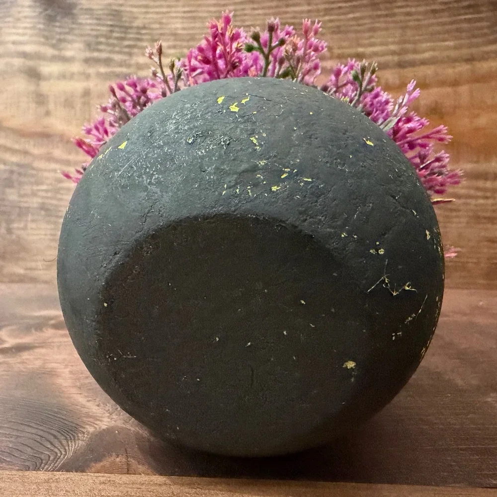 Faux Purple Plant in Textured Black Distressed Round Pot Decorative Accent